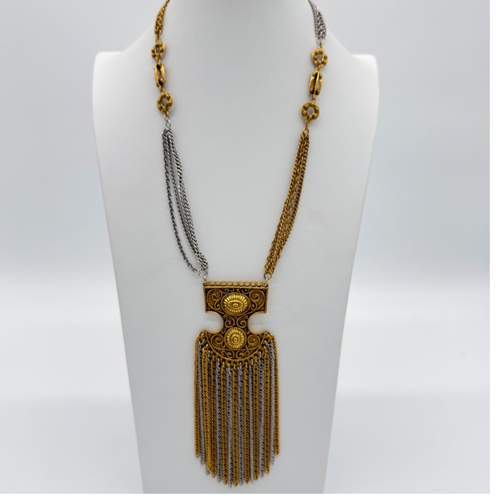 Vintage Oversized Etruscan Egyptian Revival Tassel Runway Necklace Gold Tone